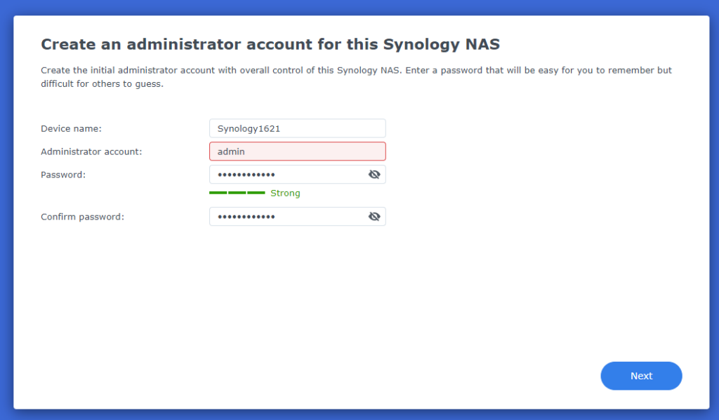 Synology DSM administrator account credentials